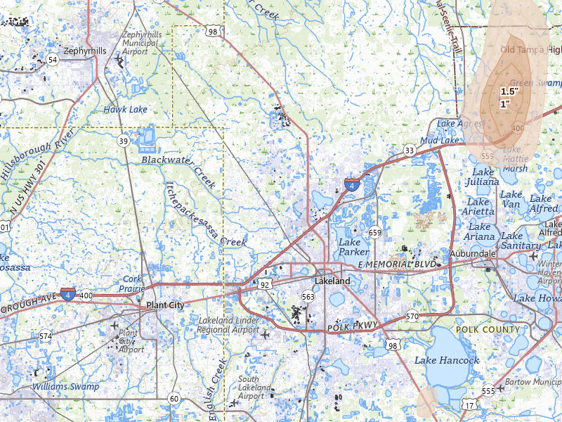 Radar-estimated hail-size map of the storm over Lakeland, FL on Jul 25, 2026