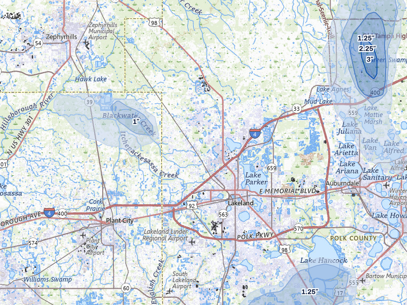 NEXRAD radar-signature map of the hail storm over Lakeland, FL on Jul 25, 2026