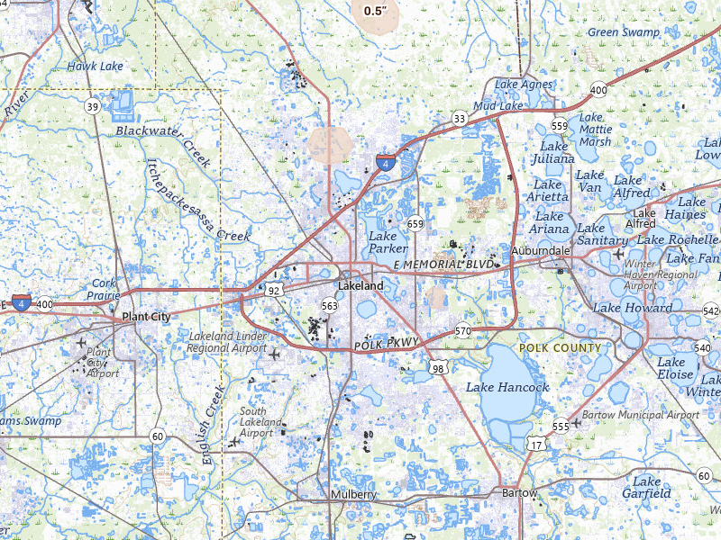 Radar-estimated hail-size map of the storm over Lakeland, FL on Aug 11, 2026