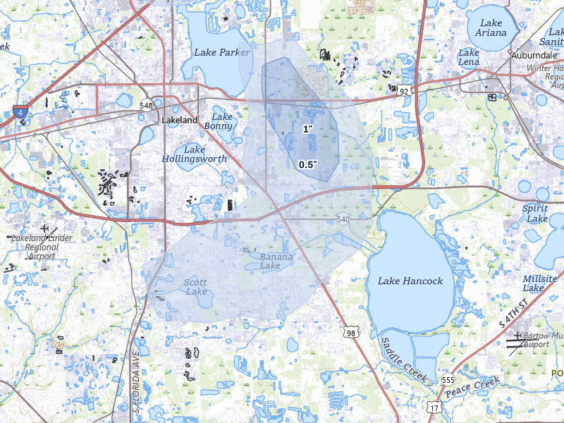 NEXRAD radar-signature map of the hail storm over Lakeland, FL on Aug 11, 2026