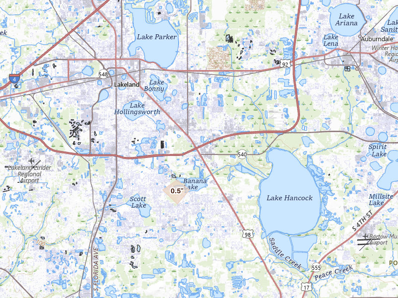 Radar-estimated hail-size map of the storm over Lakeland, FL on Aug 29, 2026