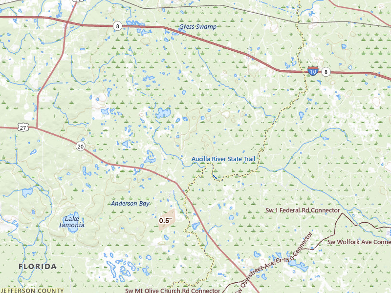 Radar-estimated hail-size map of the storm over Lamont, FL on Aug 20, 2026