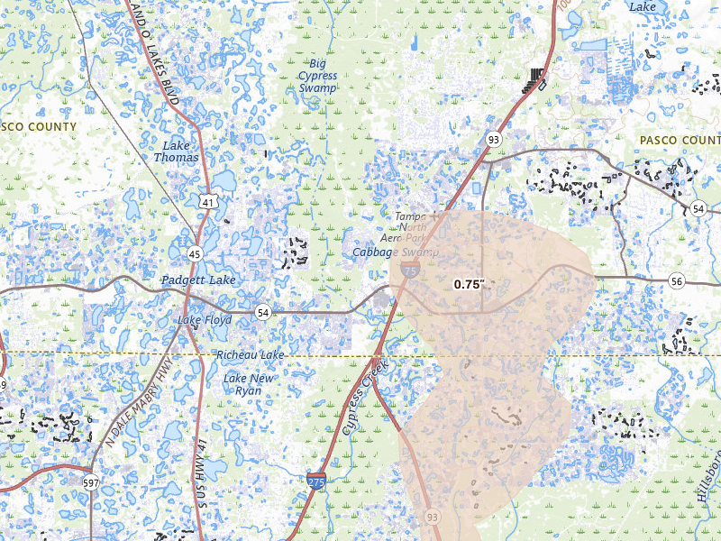 Radar-estimated hail-size map of the storm over Land O Lakes, FL on May 23, 2026
