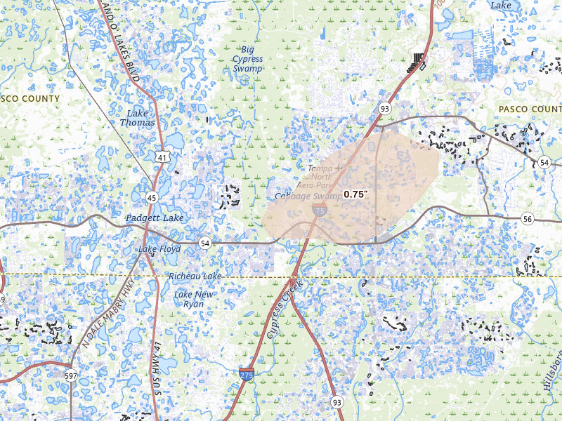Radar-estimated hail-size map of the storm over Land O Lakes, FL on Jun 26, 2026