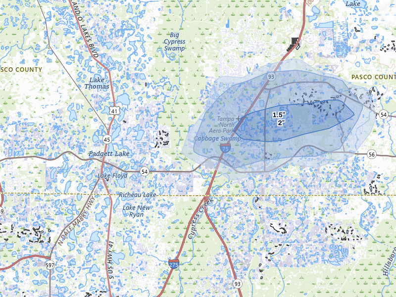 NEXRAD radar-signature map of the hail storm over Land O Lakes, FL on Jun 26, 2026