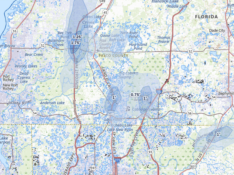 NEXRAD radar-signature map of the hail storm over Land O Lakes, FL on Jun 30, 2026