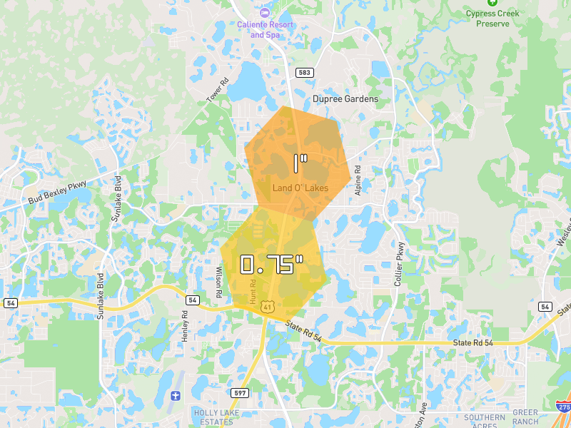 Hail map of Land O Lakes, FL on Jun 30, 2026, hail up to 1"
