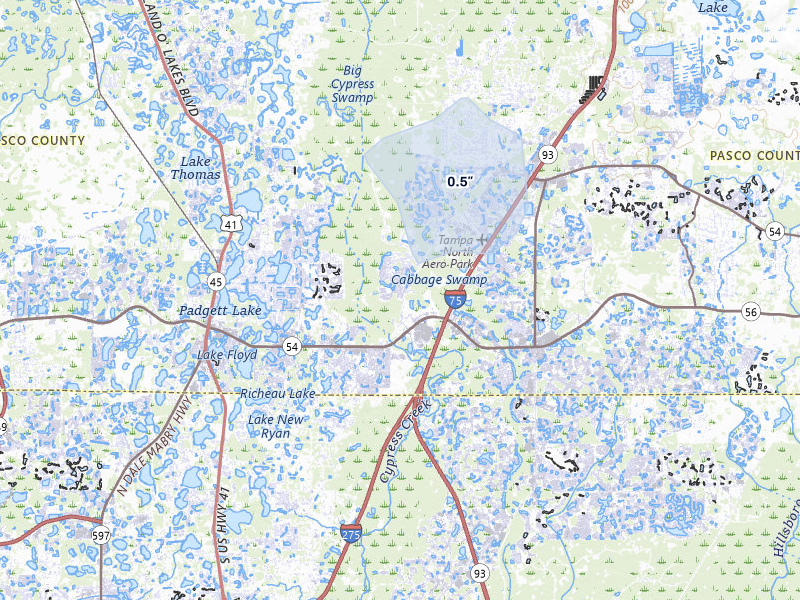 NEXRAD radar-signature map of the hail storm over Land O Lakes, FL on Jul 1, 2026