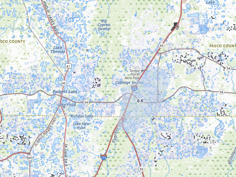 NEXRAD radar-signature map of the hail over Land O Lakes, FL