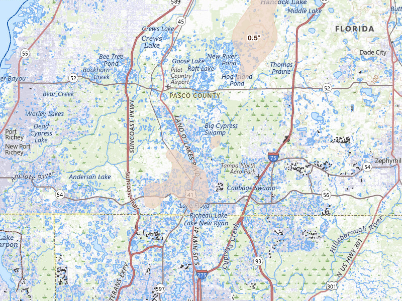 Radar-estimated hail-size map of the storm over Land O Lakes, FL on Aug 9, 2026