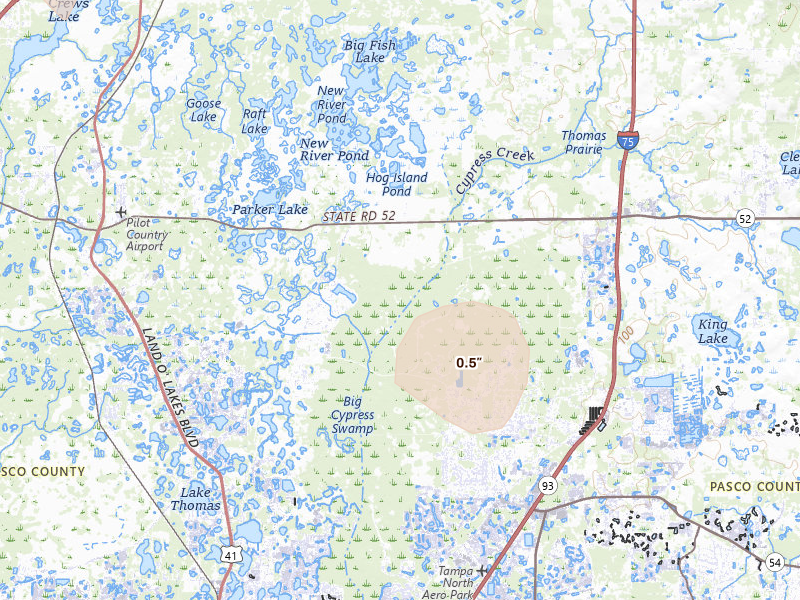 Radar-estimated hail-size map of the storm over Land O Lakes, FL on Aug 20, 2026