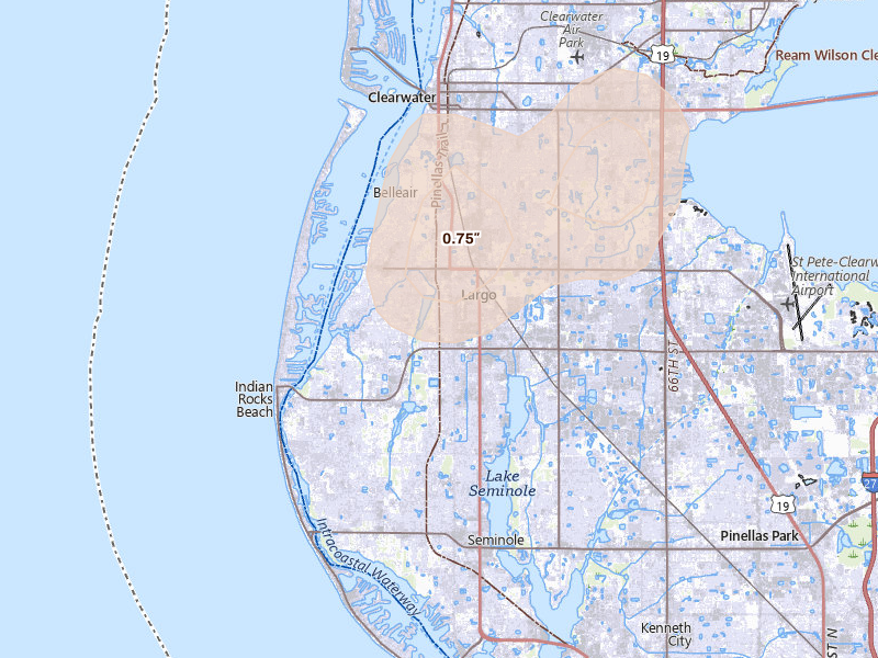 Radar-estimated hail-size map of the storm over Largo, FL on Jul 10, 2026