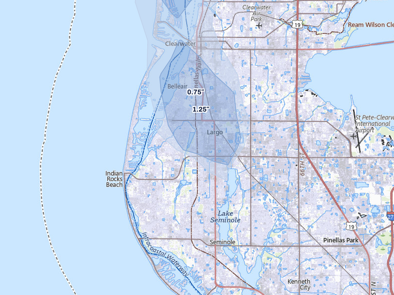 NEXRAD radar-signature map of the hail storm over Largo, FL on Jul 10, 2026
