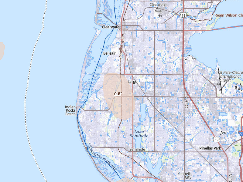 Radar-estimated hail-size map of the storm over Largo, FL on Jul 16, 2026