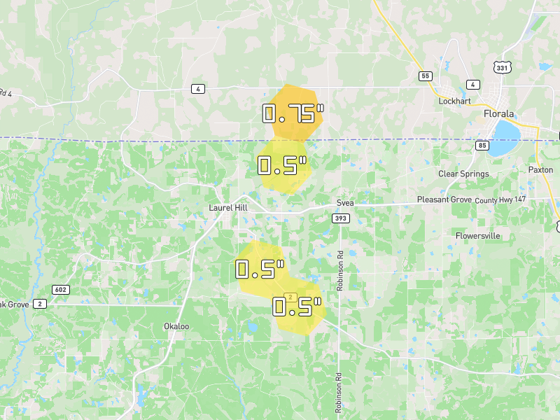 Hail map of Laurel Hill, FL on Jul 1, 2026, hail up to 0.75"