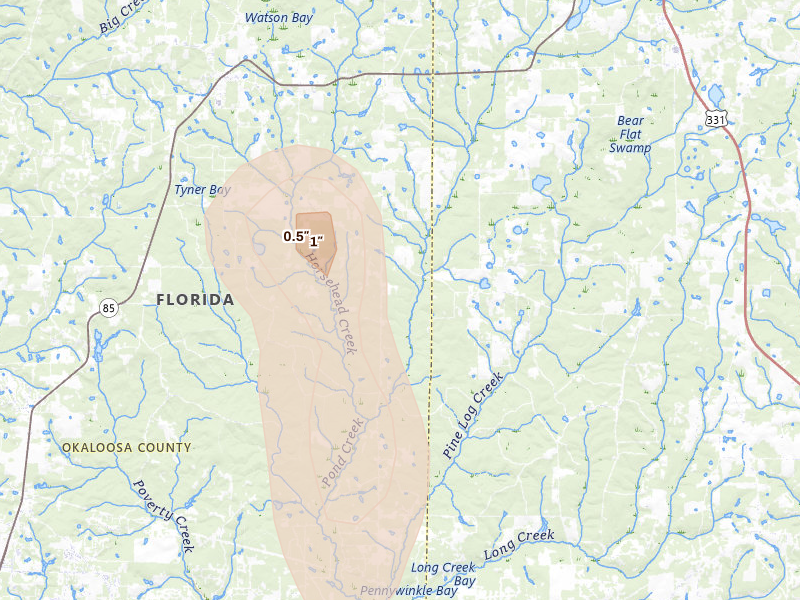 Radar-estimated hail-size map of the storm over Laurel Hill, FL on Aug 14, 2026