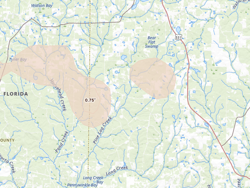 Radar-estimated hail-size map of the storm over Laurel Hill, FL on Aug 18, 2026