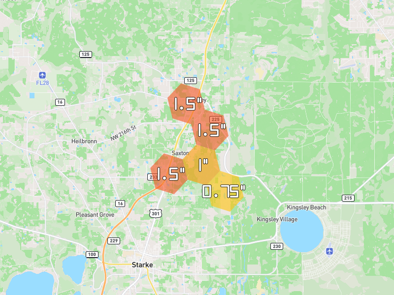 Hail map of Lawtey, FL on Jul 25, 2026, hail up to 1.5"