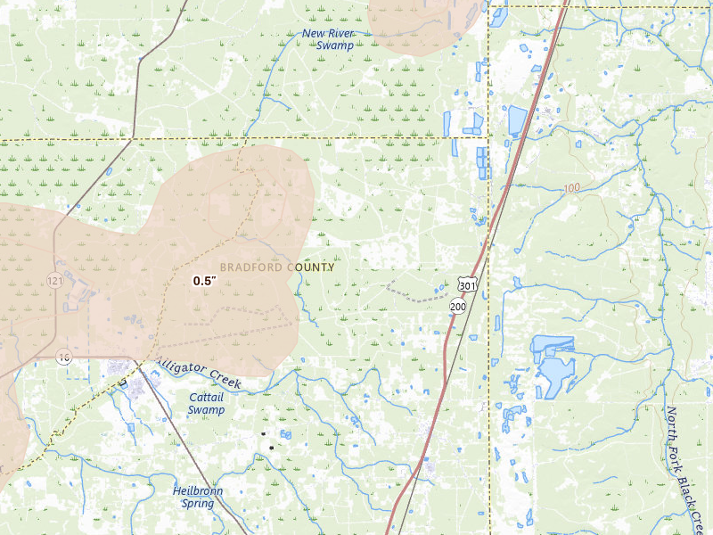 Radar-estimated hail-size map of the storm over Lawtey, FL on Aug 19, 2026