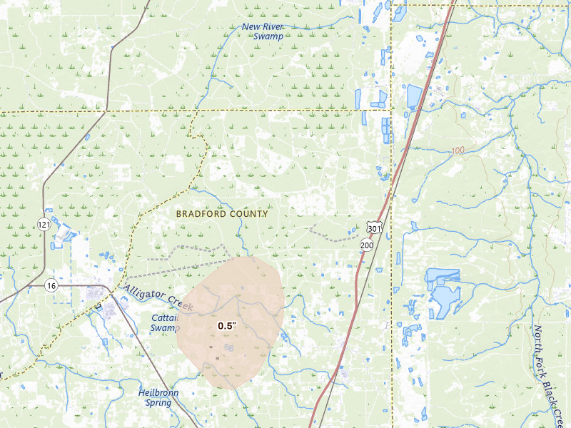 Radar-estimated hail-size map of the storm over Lawtey, FL on Aug 29, 2026