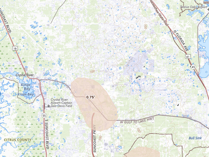 Radar-estimated hail-size map of the storm over Lecanto, FL on May 17, 2026