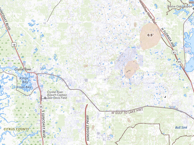 Radar-estimated hail-size map of the storm over Lecanto, FL on May 21, 2026