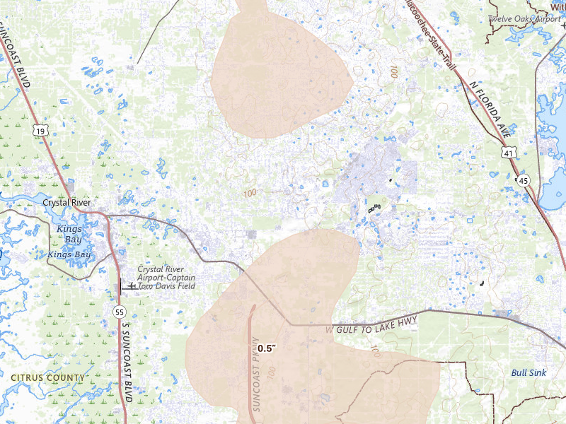 Radar-estimated hail-size map of the storm over Lecanto, FL on Jul 17, 2026