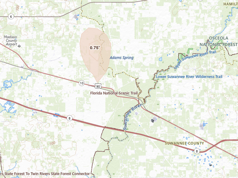 Radar-estimated hail-size map of the storm over Lee, FL on Mar 6, 2026