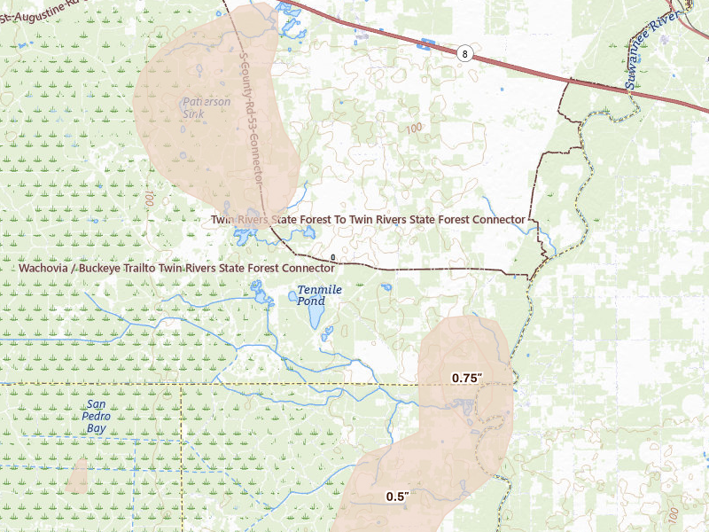 Radar-estimated hail-size map of the storm over Lee, FL on Aug 19, 2026
