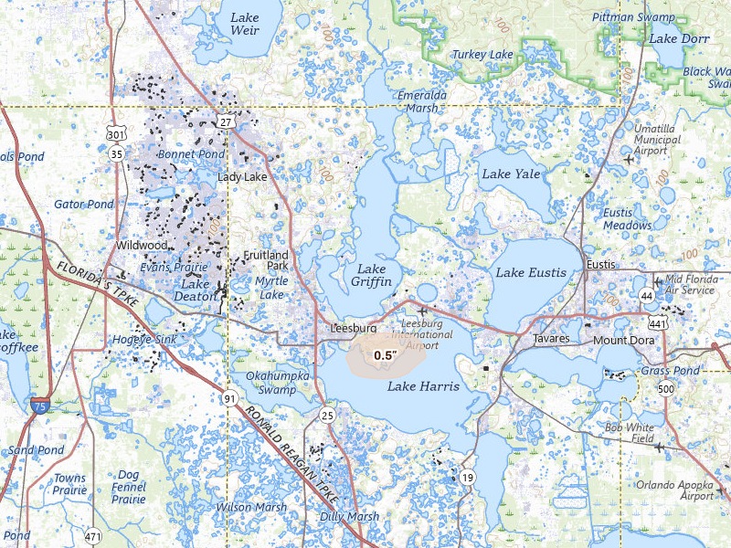 Radar-estimated hail-size map of the storm over Leesburg, FL on May 29, 2026