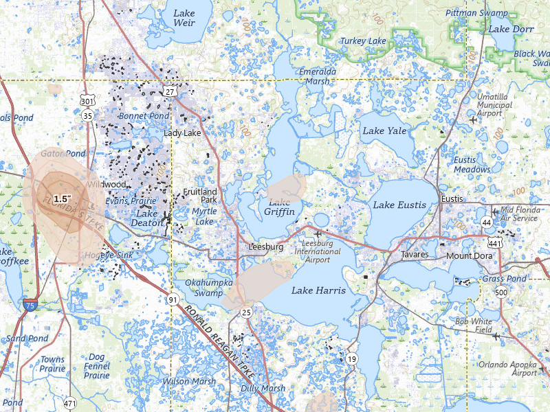Radar-estimated hail-size map of the storm over Leesburg, FL on Jun 29, 2026