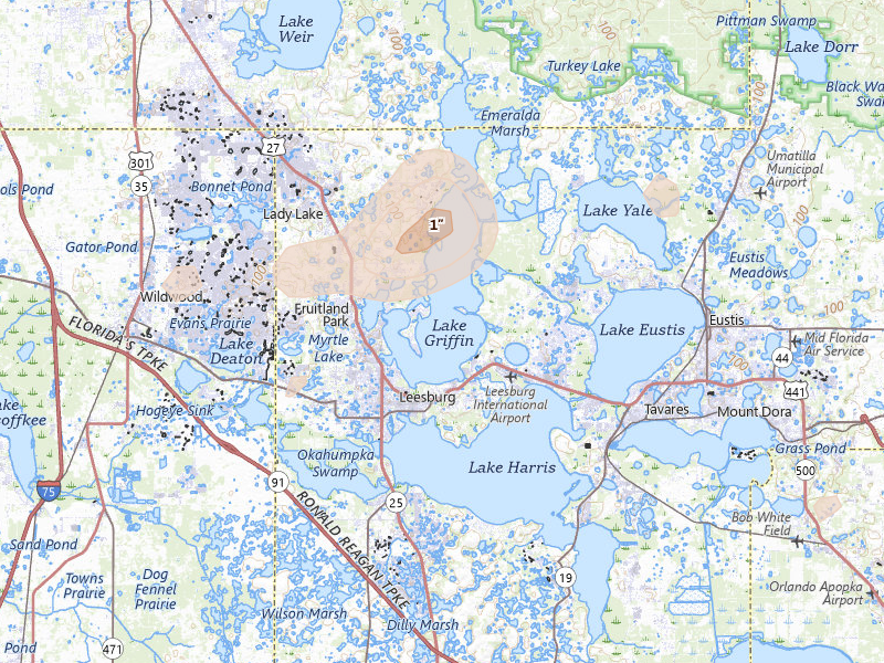 Radar-estimated hail-size map of the storm over Leesburg, FL on Jun 30, 2026