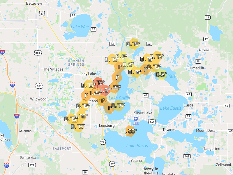 Hail map of Leesburg, FL on Jun 30, 2026, hail up to 1.75"