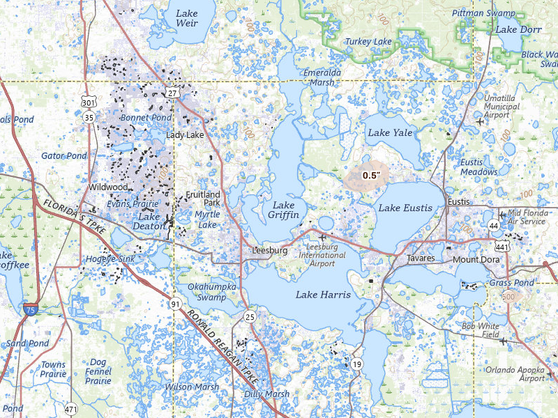 Radar-estimated hail-size map of the storm over Leesburg, FL on Jul 6, 2026