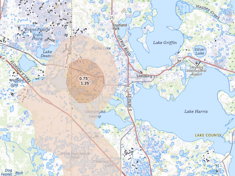 Radar-estimated hail-size map of the storm over Leesburg, FL on Aug 19, 2026