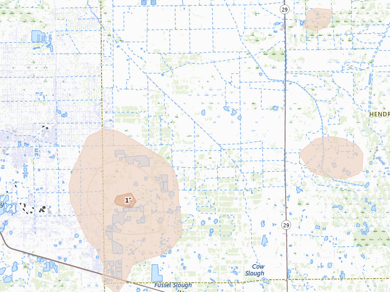 Radar-estimated hail-size map of the storm over Lehigh Acres, FL on Jun 22, 2026