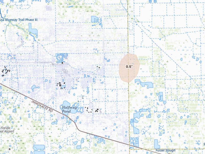 Radar-estimated hail-size map of the storm over Lehigh Acres, FL on Jun 29, 2026