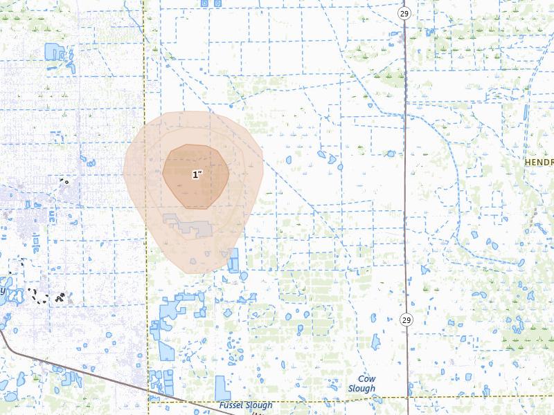 Radar-estimated hail-size map of the storm over Lehigh Acres, FL on Jul 13, 2026