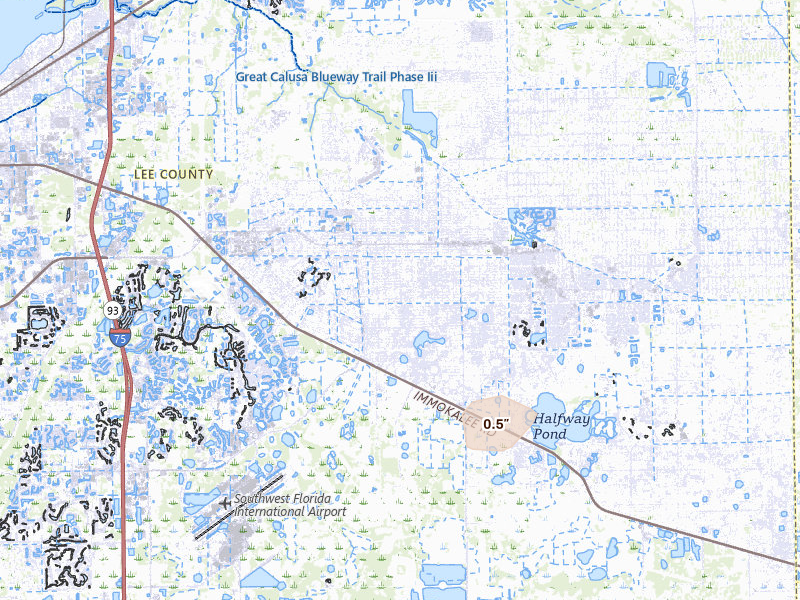 Radar-estimated hail-size map of the storm over Lehigh Acres, FL on Aug 10, 2026