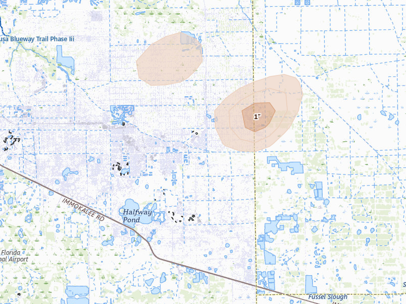 Radar-estimated hail-size map of the storm over Lehigh Acres, FL on Aug 26, 2026
