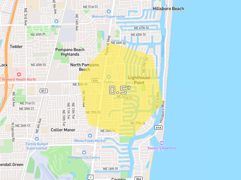Hail map of Lighthouse Point, FL on Jul 26, 2026, hail up to 0.5"