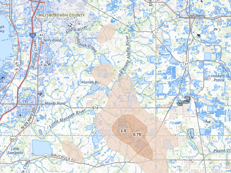 Radar-estimated hail-size map of the storm over Lithia, FL on Mar 5, 2026
