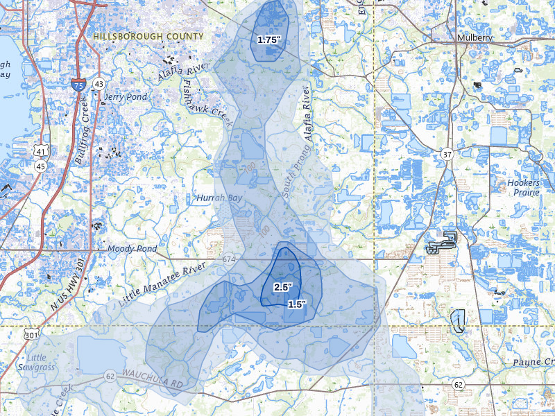 NEXRAD radar-signature map of the hail storm over Lithia, FL on Mar 5, 2026