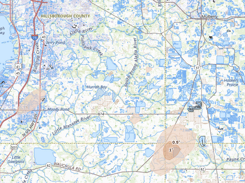 Radar-estimated hail-size map of the storm over Lithia, FL on Mar 15, 2026