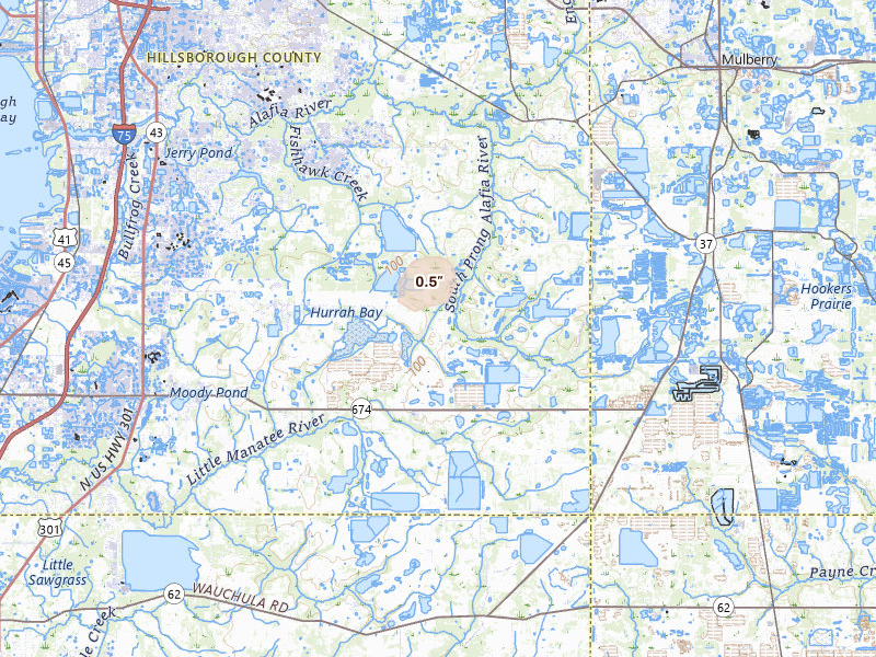 Radar-estimated hail-size map of the storm over Lithia, FL on May 21, 2026