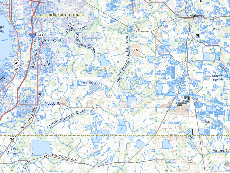 Radar-estimated hail-size map of the storm over Lithia, FL on May 23, 2026