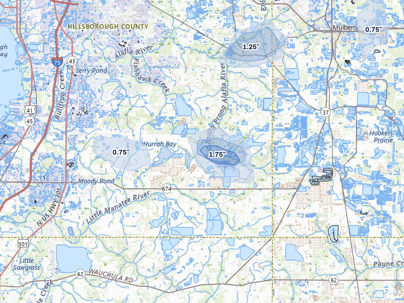 NEXRAD radar-signature map of the hail storm over Lithia, FL on Jun 27, 2026