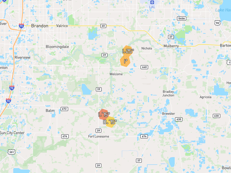 Hail map of Lithia, FL on Jun 27, 2026, hail up to 1.75"