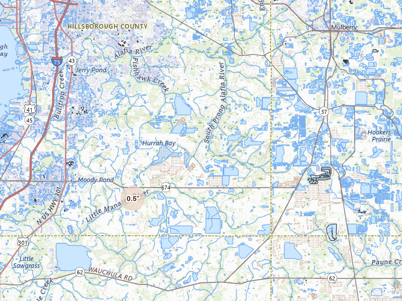 Radar-estimated hail-size map of the storm over Lithia, FL on Jun 28, 2026
