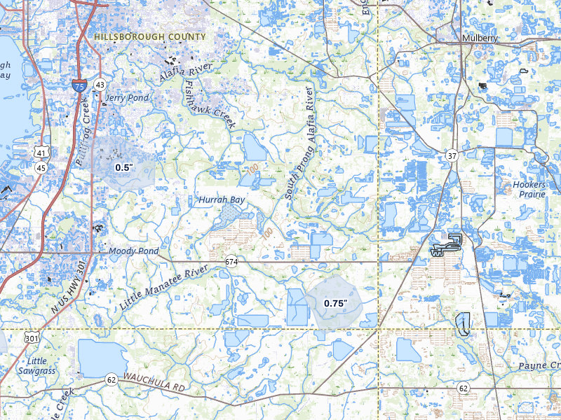 NEXRAD radar-signature map of the hail storm over Lithia, FL on Jun 28, 2026